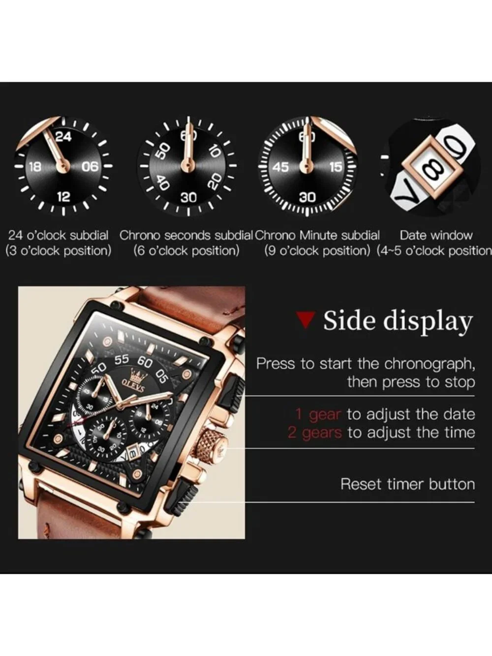 Men's Brown Black Quartz Leather Strap Waterproof Trendy Square Dial Wrist Watch